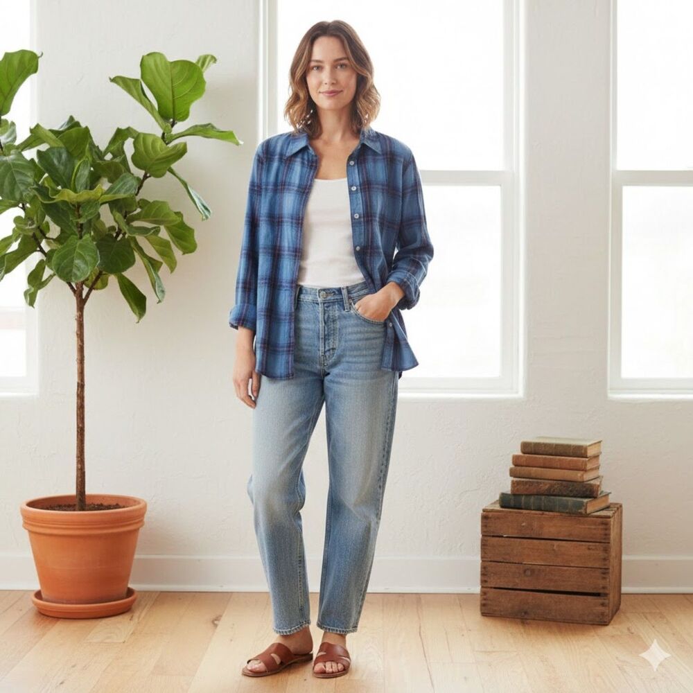 CP SHADES Blue Plaid Flannel Button Up Shirt Top Women's Size Small